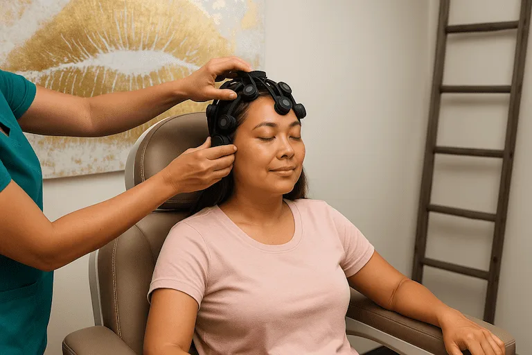 Neuron Connect technician fitting the qEEG cap during a post-accident brain-mapping assessment