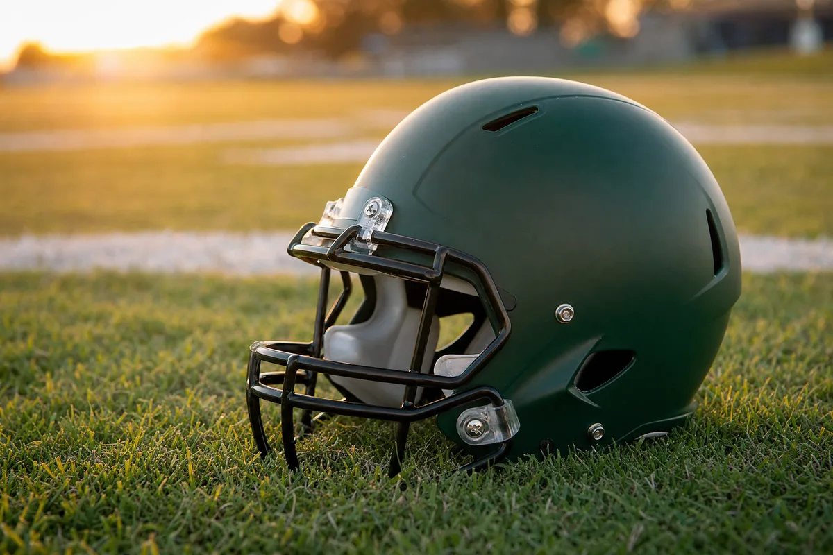 Youth football helmet resting on the field — baseline brain mapping for contact-sport athletes