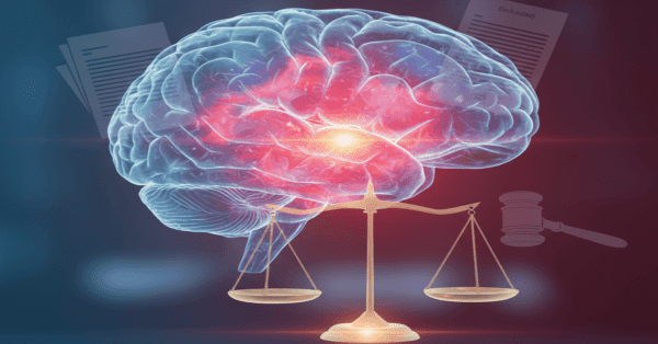 Brain scan illustration with red-blue heatmap showing injury zones, next to legal scales representing justice in TBI case.