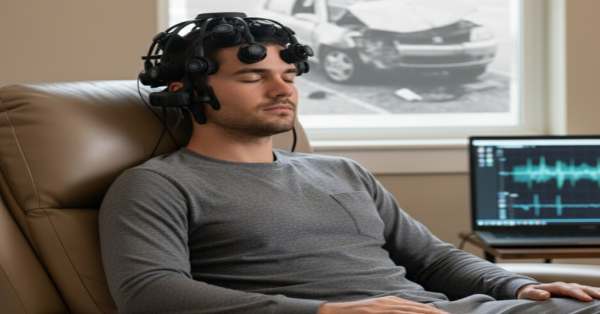 A man using neurofeedback equipment while seated at a computer, representing concussion recovery therapy after an auto accident.