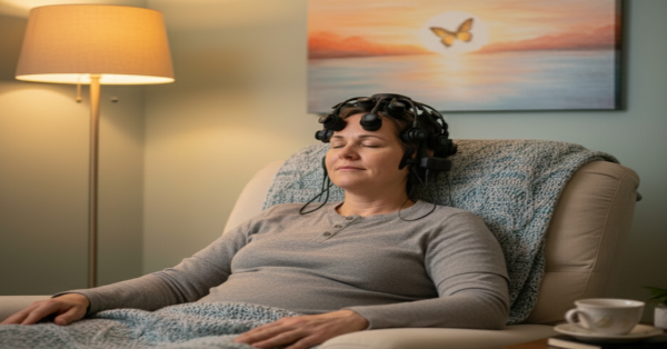 Person resting on a couch in a calm, supportive home environment