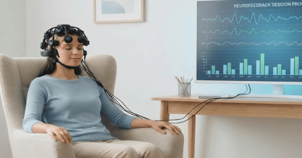 Person using a VR headset while reviewing data analytics on a computer