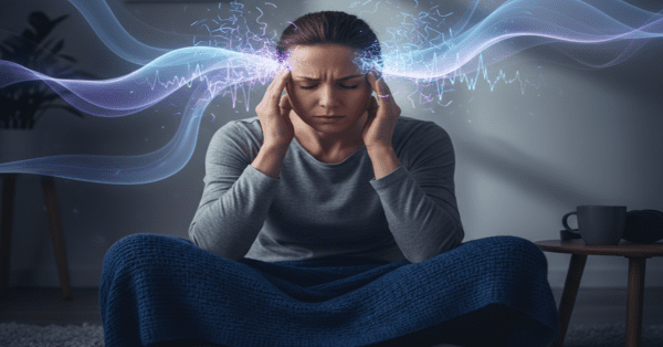 Man holding his head with glowing brainwave effects representing neurofeedback therapy for migraines and sleep improvement