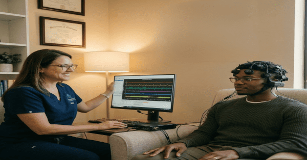 Patient undergoing neurofeedback therapy with a clinician to support cognitive recovery after injury