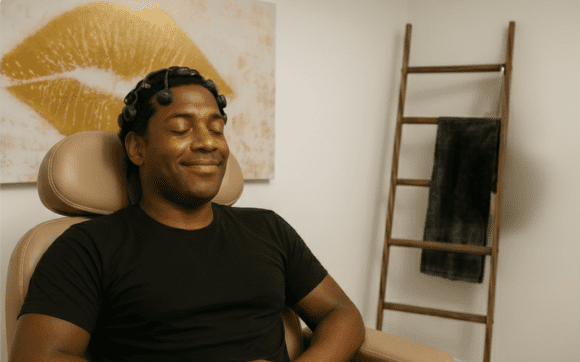 Man relaxing during neurofeedback therapy for post-accident cognitive recovery